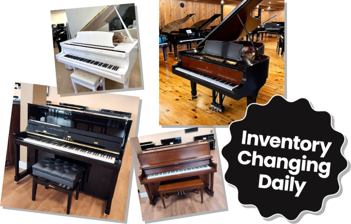 Multiple used Pianos for sale and a badge about inventory changing daily